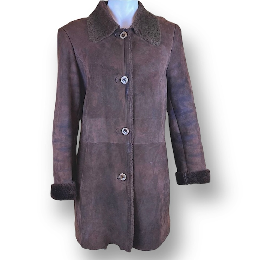 Elements By Vakko Real Leather Fur Lamb Shearling Coat Jacket In Brown Size L